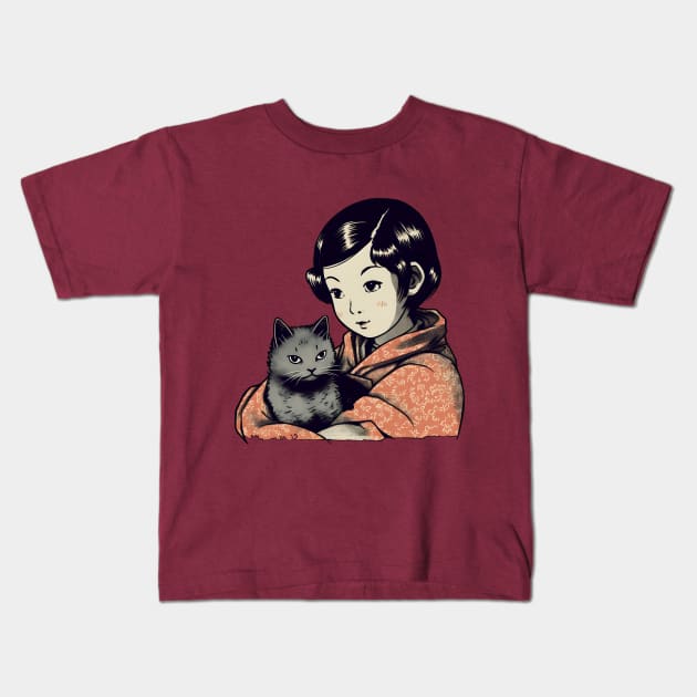 Lovely asian young girl with cat Kids T-Shirt by KOTYA